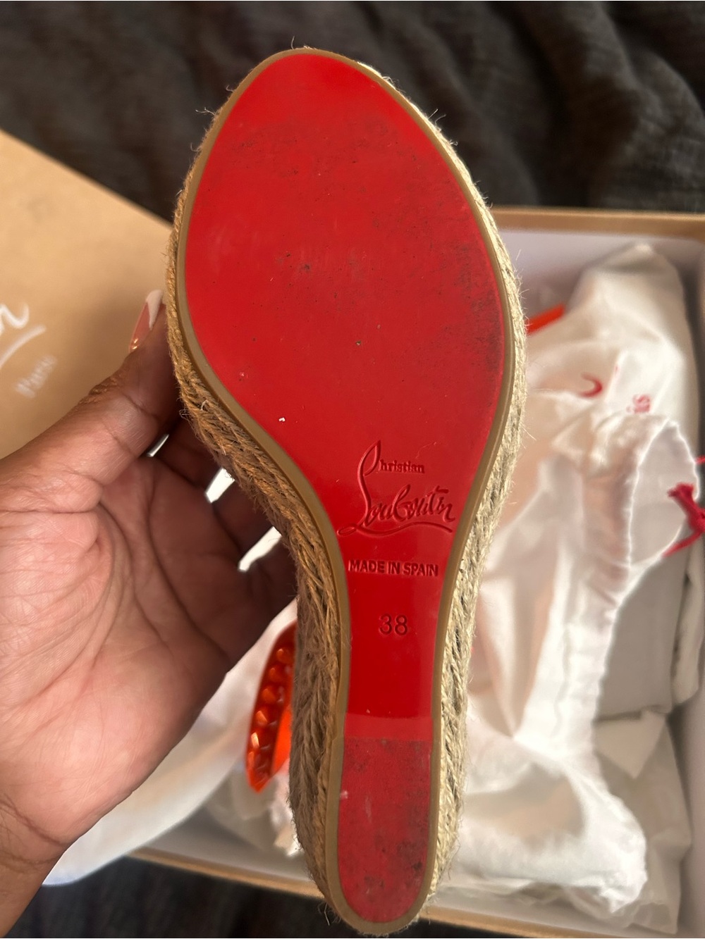 Christian Louboutin Bright Orange Studded Espadrille Wedge Sandals - Picture 2 of 3